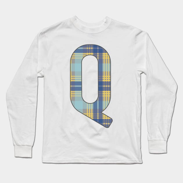 Monogram Letter Q, Blue, Yellow and Grey Scottish Tartan Style Typography Design Long Sleeve T-Shirt by MacPean